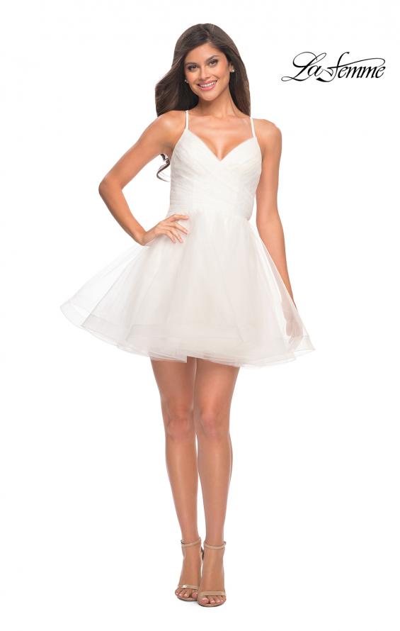 Picture of: Short Fit and Flare Tulle Dress with Open Back in White, Detail Picture 8