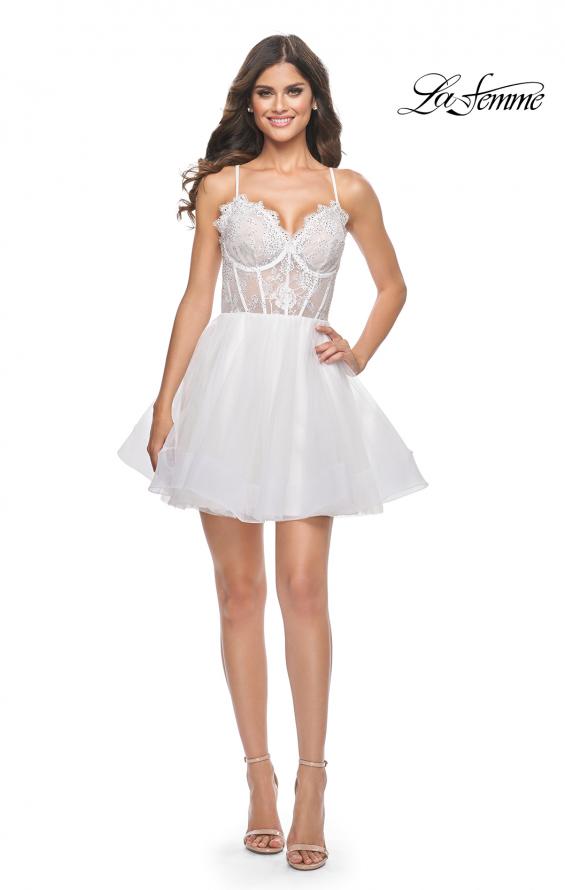 Picture of: Short Dress with Flared Skirt and Sheer Lace Bodice in White, Style: 31769, Detail Picture 12