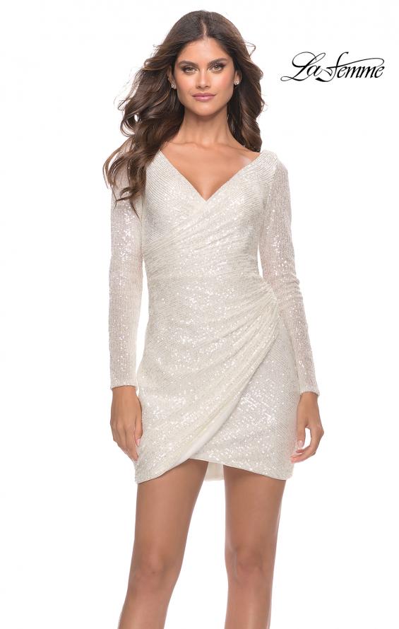 Picture of: Long Sleeve Sequin Dress with Ruching and Open Back in White, Style: 30951, Detail Picture 3