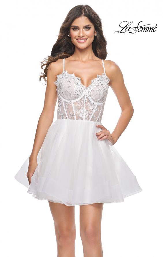 Picture of: Short Dress with Flared Skirt and Sheer Lace Bodice in White, Style: 31769, Detail Picture 4