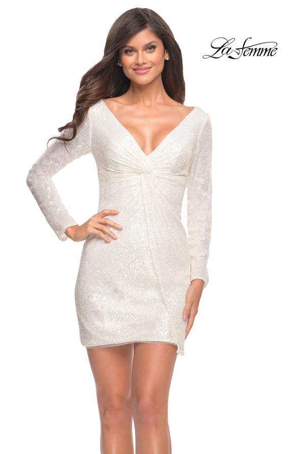 Picture of: Long Sequin Sequin Homecoming Dress with V-Neck in White, Style: 29390, Detail Picture 5