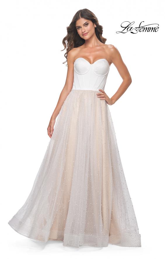 Picture of: Pearl Tulle A-Line with Strapless Satin Bustier Top in White Nude, Style: 32149, Main Picture