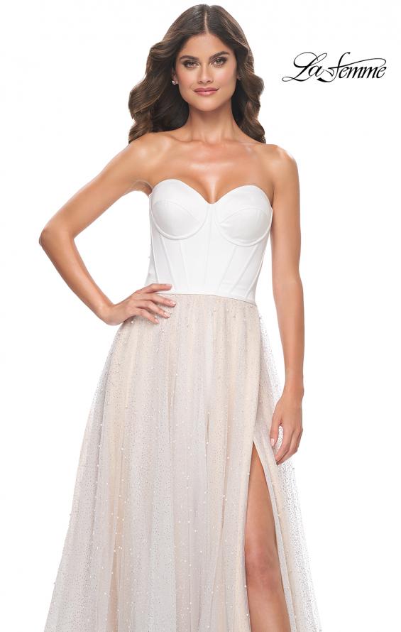 Picture of: Pearl Tulle A-Line with Strapless Satin Bustier Top in White Nude, Style: 32149, Detail Picture 1