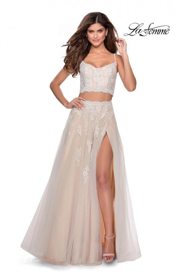 Picture of: Long Two Piece Tulle Gown with Floral Embroidery in White Nude, Style: 28271, Detail Picture 2