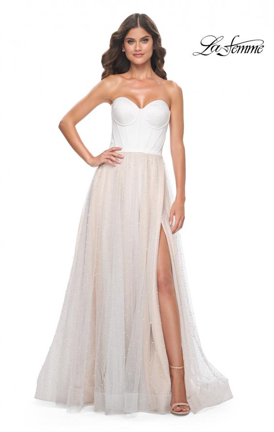 Picture of: Pearl Tulle A-Line with Strapless Satin Bustier Top in White Nude, Style: 32149, Detail Picture 3