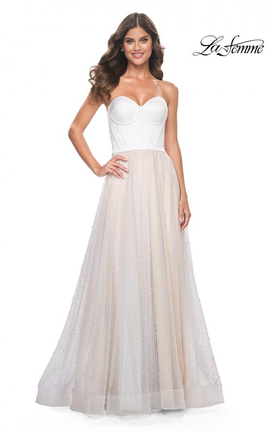 Picture of: Pearl Tulle A-Line with Strapless Satin Bustier Top in White Nude, Style: 32149, Detail Picture 4