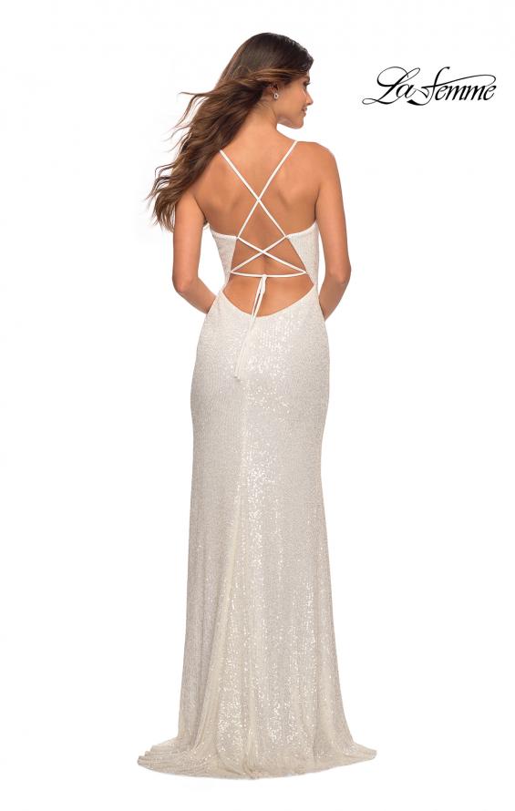 Picture of: Sequin Gown with Deep V Neckline and Lace Up Back in White, Detail Picture 8