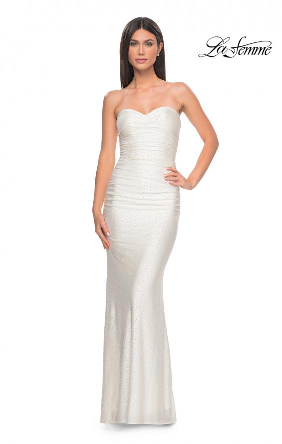 Picture of: Rhinestone Embellished Jersey Dress with Strapless Sweetheart Top in White, Style: 31945, Detail Picture 8