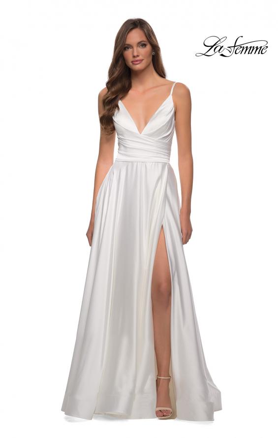 Picture of: Long Satin Dress with Side Slit and V Shaped Back in White, Style: 28607, Detail Picture 9