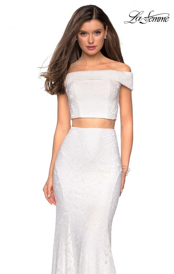 Picture of: Lace Two Piece Off the Shoulder Dress with Rhinestones in White, Style: 27443