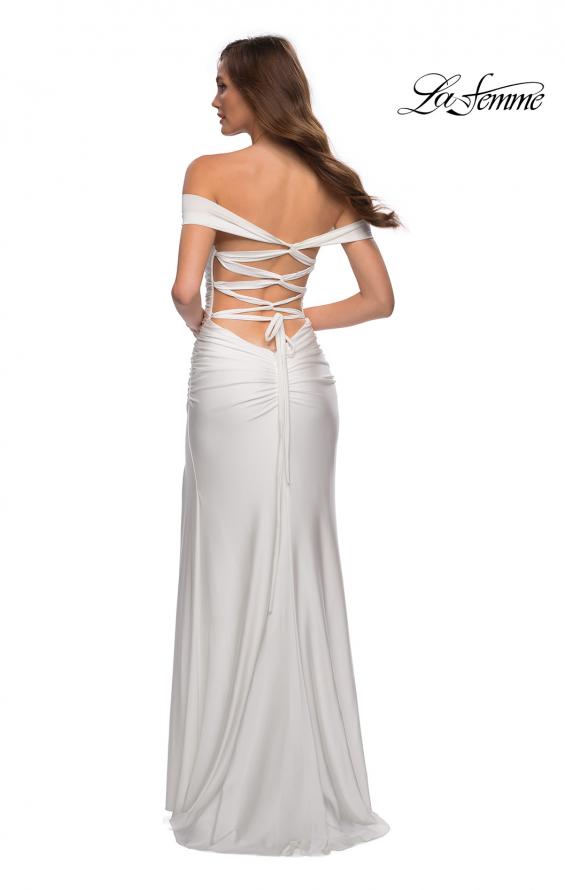Picture of: Off the Shoulder Prom Dress with Tie Back and Slit in White, Style: 28506, Detail Picture 11