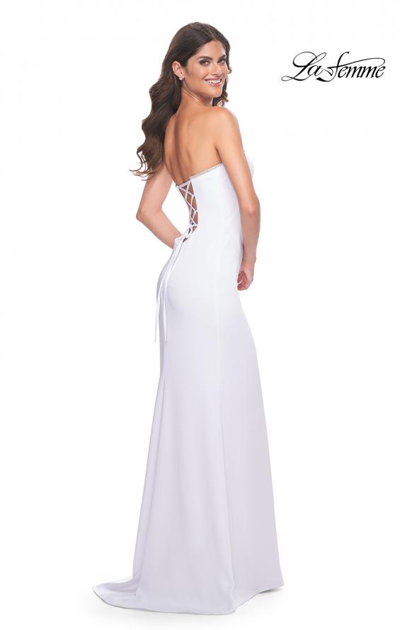 Picture of: Fitted Strapless Prom Dress with Rhinestone Embellished Neckline and Slit in White, Style: 31977, Detail Picture 11