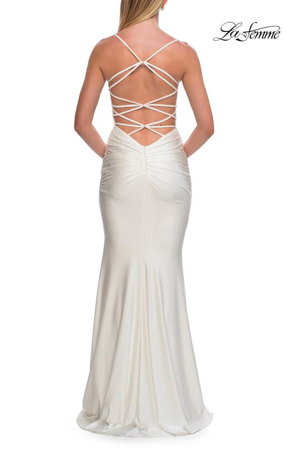 Picture of: Ruched Jersey Gown with Crisscross Open Back in White, Style: 33723, Detail Picture 16