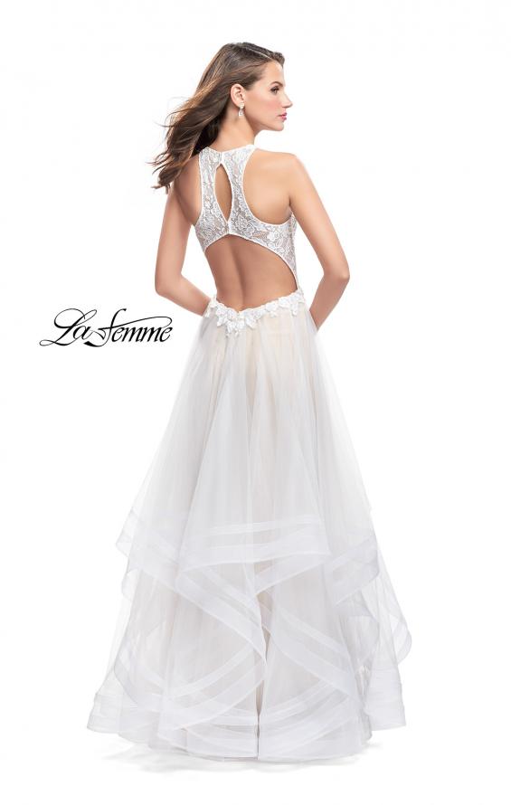 Picture of: Long Prom Ball Gown with Tulle Overlay and Beaded Top in White, Style: 25671, Back Picture