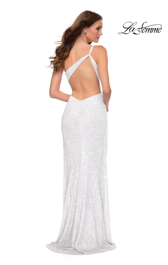 Picture of: Sequin Gown with One Shoulder Top and Open Back in White, Style 29962, Back Picture