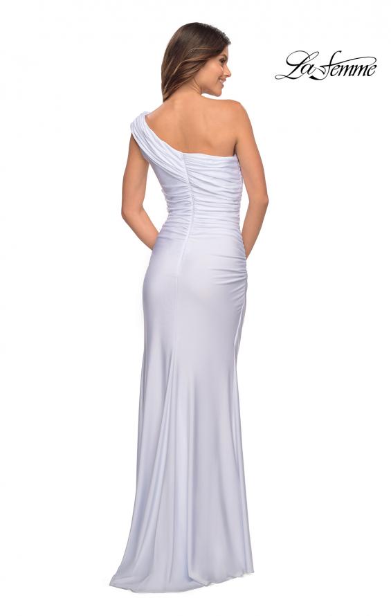 Picture of: One Shoulder Shiny Ruched Jersey Gown with Slit in White, Style: 30645, Back Picture