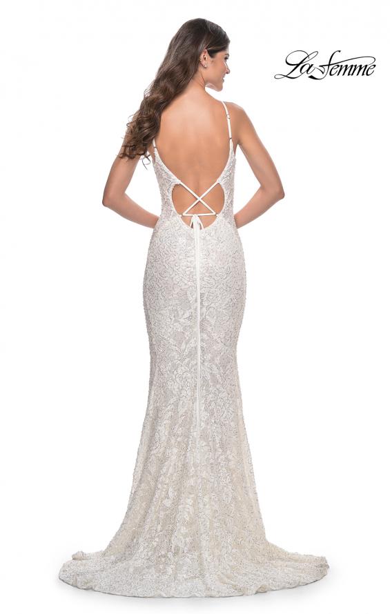 Picture of: Beaded Lace Mermaid Gown with Sheer Side Panels in White, Style: 32309, Back Picture