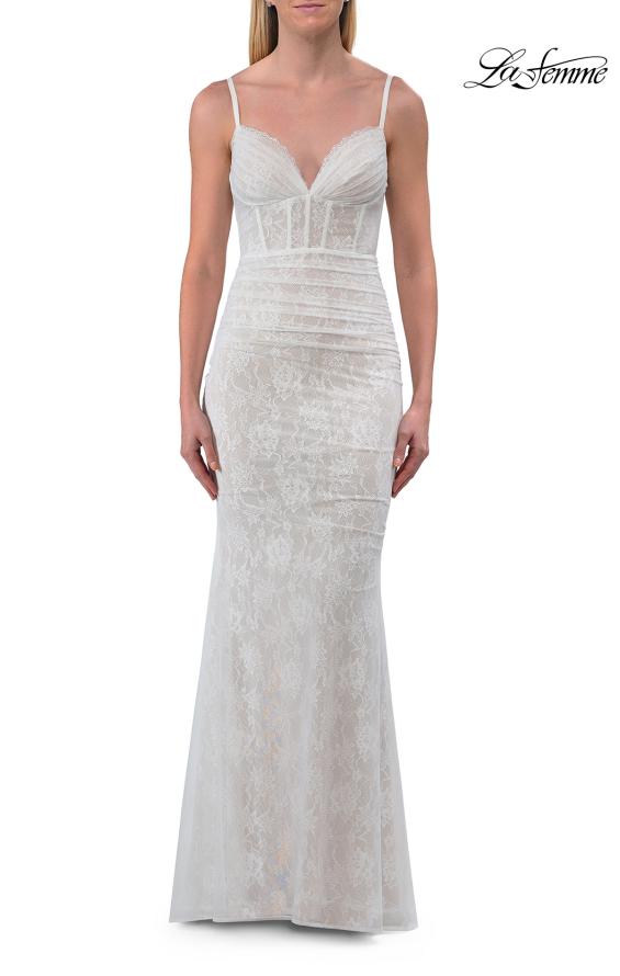 White Picture of: Lace Fitted Gown with Ruched Bodice and Sheer Back in White, Style: 33443, Detail Picture 20