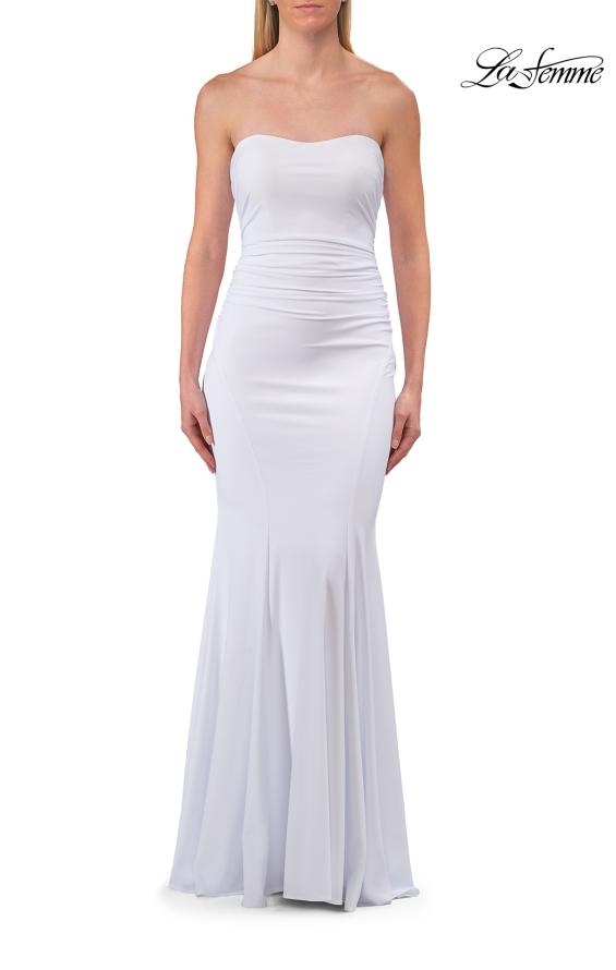 White Picture of: Strapless Fitted Jersey Evening Gown with Ruching in White, Style: 33403, Detail Picture 21