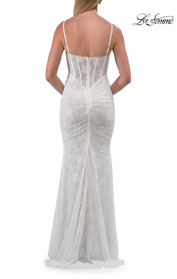 White Picture of: Lace Fitted Gown with Ruched Bodice and Sheer Back in White, Style: 33443, Detail Picture 21
