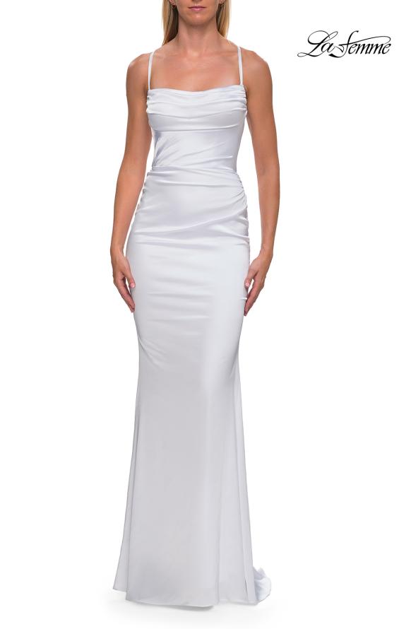 Picture of: Straight Neck Satin Gown with Lace-Up Back in White, Style: 33604, Detail Picture 21