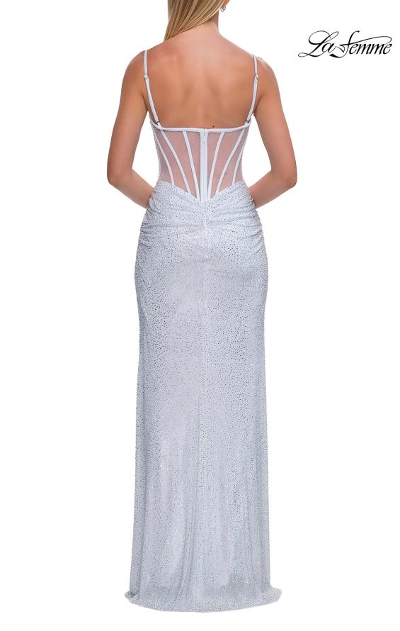 Picture of: Rhinestone Fitted Gown with Draped Bodice and Sheer Corset Back in White, Style: 33343, Detail Picture 22