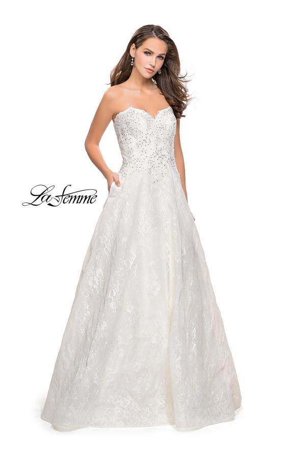 Picture of: Long Strapless Lace Ball Gown with Beading and Pockets in White, Style: 26338, Detail Picture 1