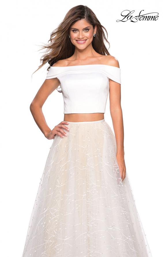 Picture of: Off the Shoulder Two Piece Dress with Textured Skirt in White, Style: 27478, Back Picture