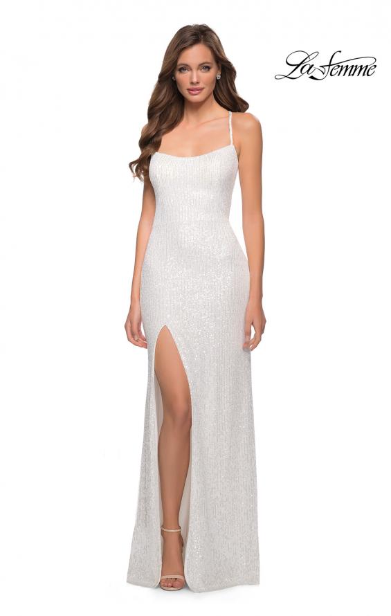 Picture of: Sequin Dress with Square Neckline and Open Back in White, Style 29676, Detail Picture 1