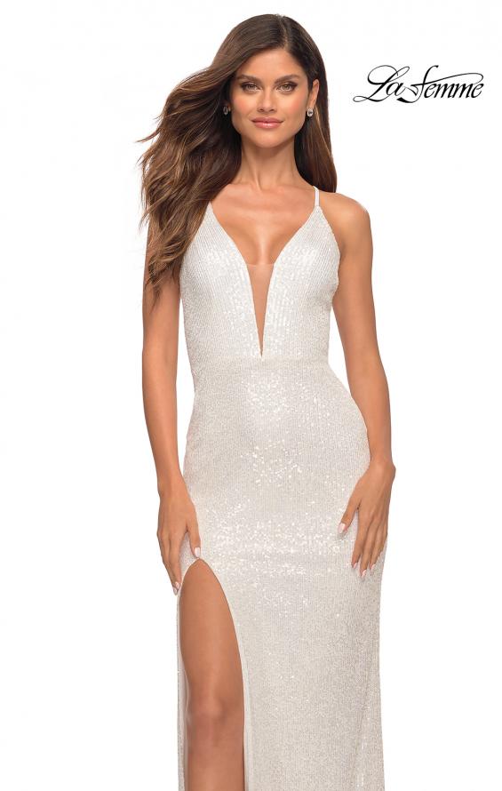 Picture of: Sequin Gown with Deep V Neckline and Lace Up Back in White, Detail Picture 1