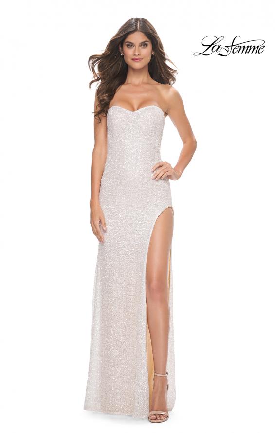 Picture of: Unique Sequin Fitted Gown with High Slit in White, Style: 32045, Detail Picture 1