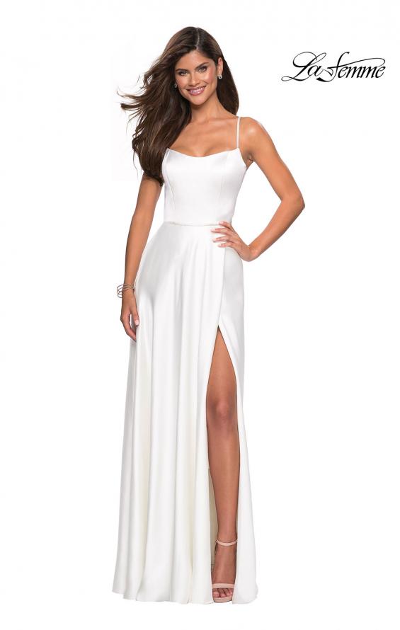 Picture of: Satin Formal Prom Gown with Scoop Neck and Pockets in White, Style: 26977, Detail Picture 2