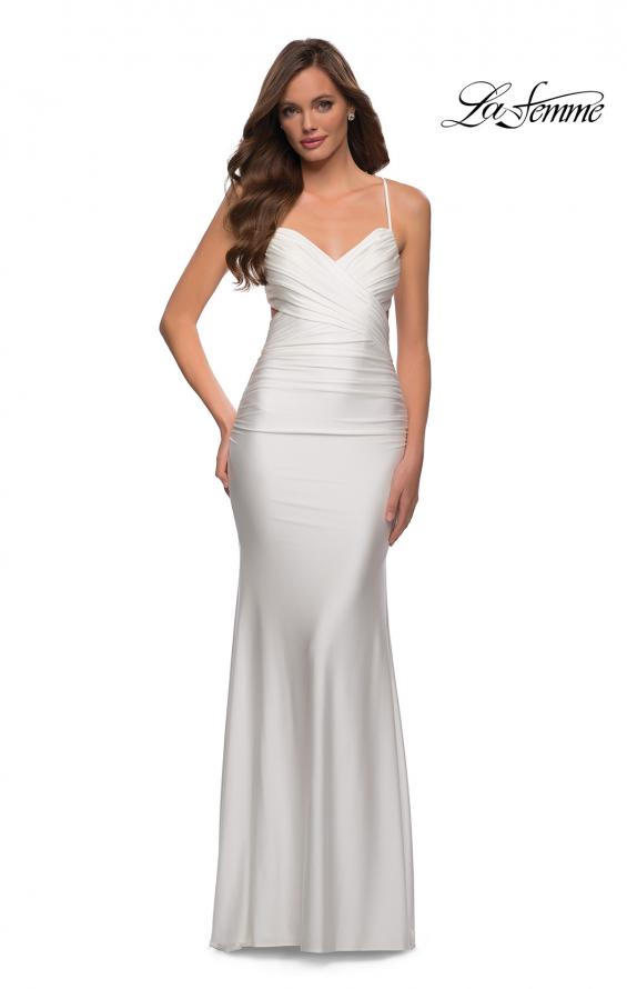 Picture of: Criss Cross Ruched Bodice Jersey Long Dress in White, Style 29606, Detail Picture 2
