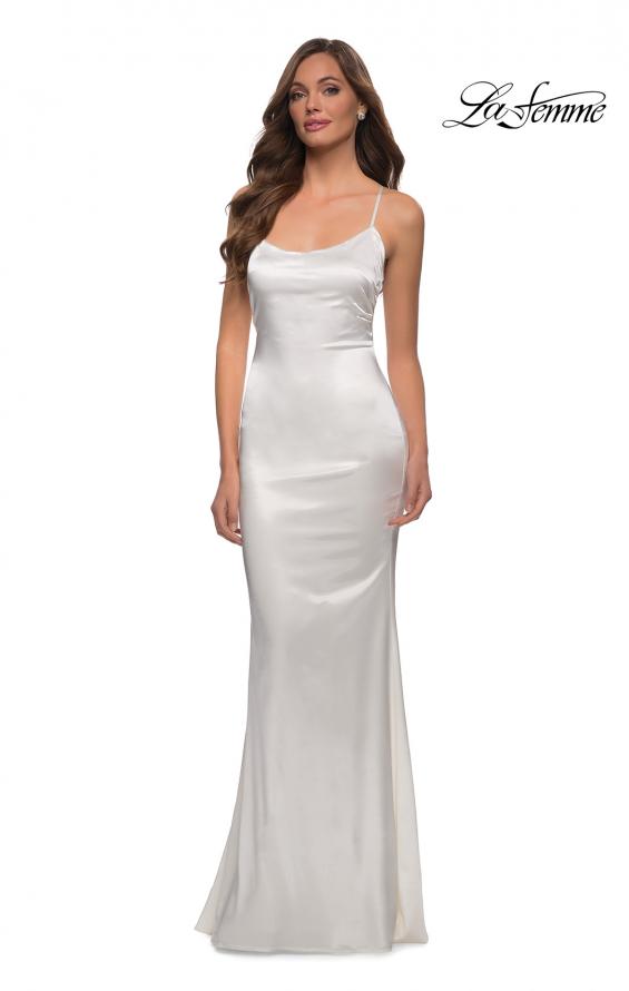 Picture of: Chic Stretch Satin Gown with Scoop Neck and Open Back in White, Style 29858, Detail Picture 2