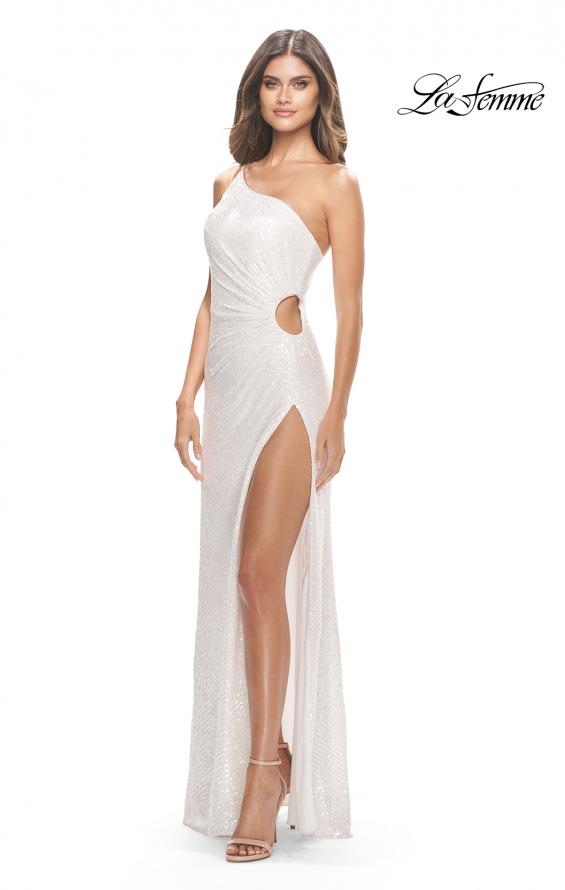 Picture of: One Shoulder Sequin Dress with Circle Cut Out in White, Style: 31089, Detail Picture 2