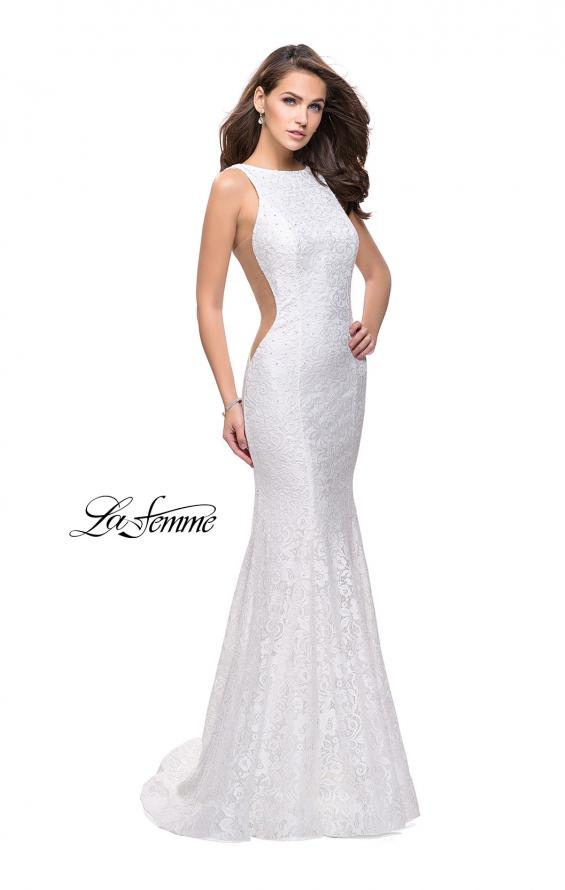 Picture of: Lace Mermaid Dress with Sheer Sides and Low Back in White, Style: 24903, Detail Picture 3