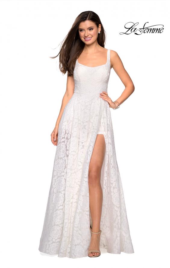 Picture of: Long Lace Prom Dress with Attached Shorts in White, Style: 27476, Detail Picture 3