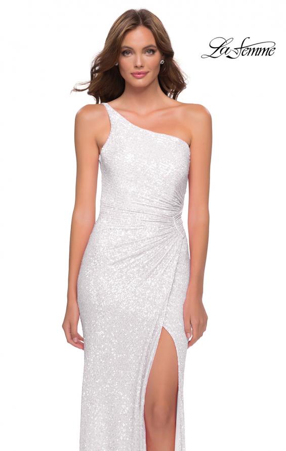 Picture of: Sequin Gown with One Shoulder Top and Open Back in White, Style 29962, Detail Picture 3