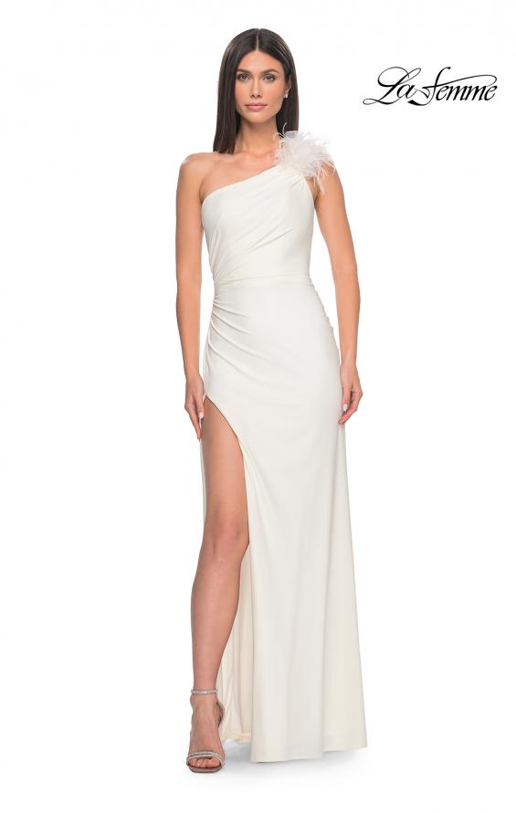 Picture of: One Shoulder Jersey Gown with Feather Detail in White, Style: 32076, Detail Picture 3