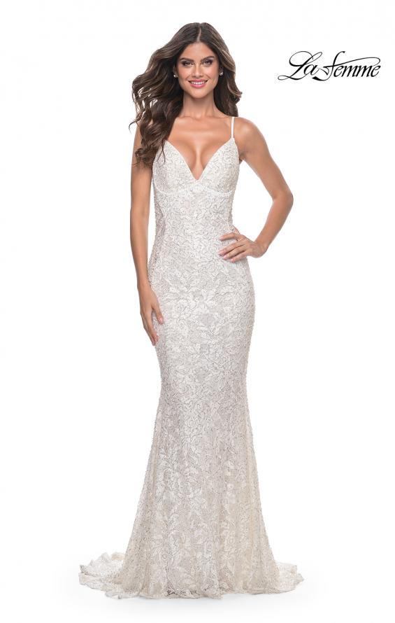 Picture of: Beaded Lace Mermaid Gown with Sheer Side Panels in White, Style: 32309, Detail Picture 3