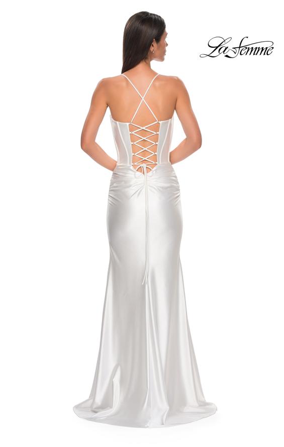 Picture of: Unique Stretch Satin Gown with Corset Bodice and Open Back in White , Style 32683, Detail Picture 3