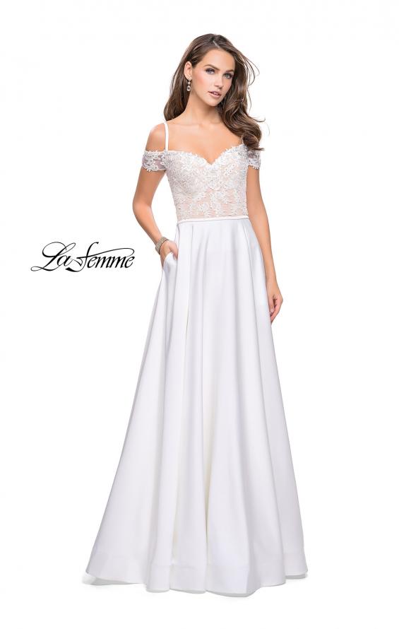 Picture of: Long A-line Prom Dress with Sheer Lace Beaded Bodice in White, Style: 25479, Detail Picture 2