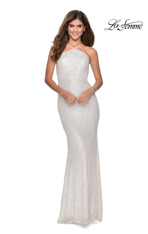 Picture of: Sequin Pyramid Neck Prom Dress with Open Back in White, Style: 28650, Detail Picture 4