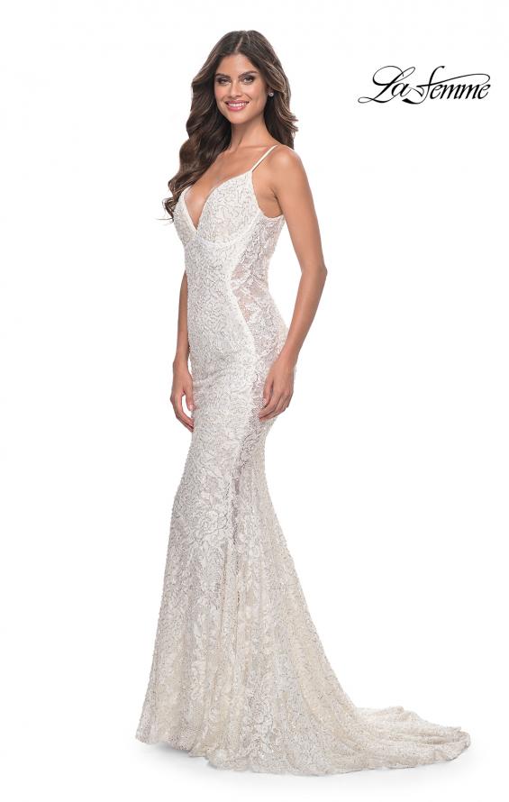 Picture of: Beaded Lace Mermaid Gown with Sheer Side Panels in White, Style: 32309, Detail Picture 4