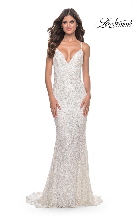 Picture of: Beaded Lace Mermaid Gown with Sheer Side Panels in White, Style: 32309, Detail Picture 5
