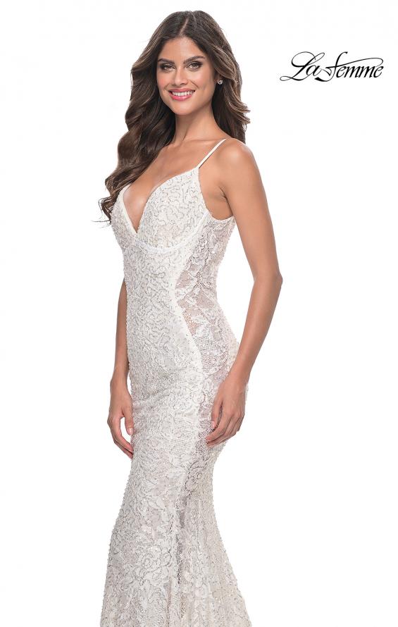 Picture of: Beaded Lace Mermaid Gown with Sheer Side Panels in White, Style: 32309, Detail Picture 7