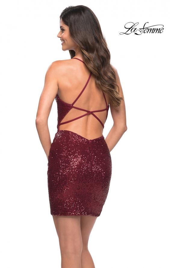 Picture of: Ruched Short Sequin Dress with Open Strappy Back in Wine, Back Picture