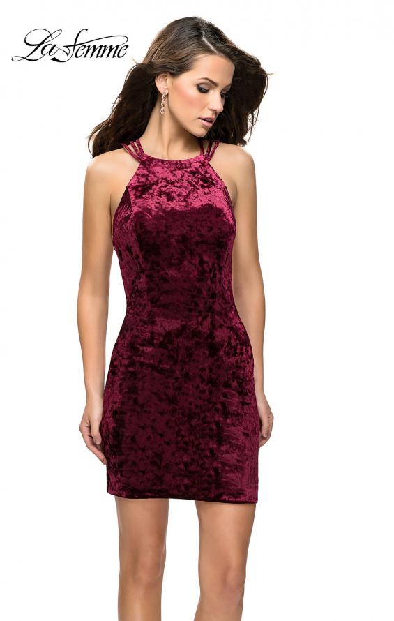 Picture of: High Neck Short Velvet Dress with Criss Cross Back Straps in Wine, Style: 26663, Detail Picture 2