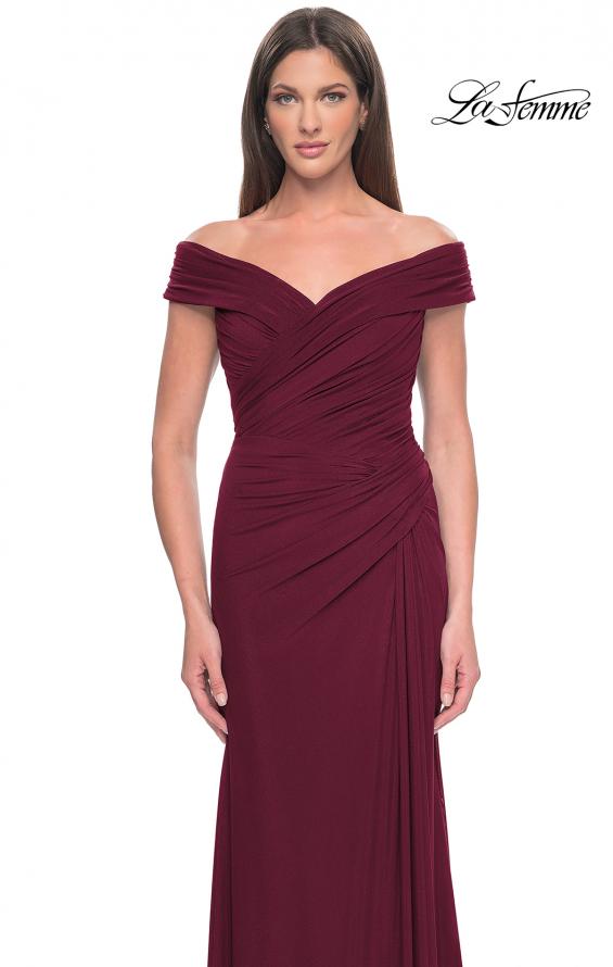 Picture of: Off the Shoulder Jersey Evening Gown with Ruching in Wine, Style: 31677, Detail Picture 11