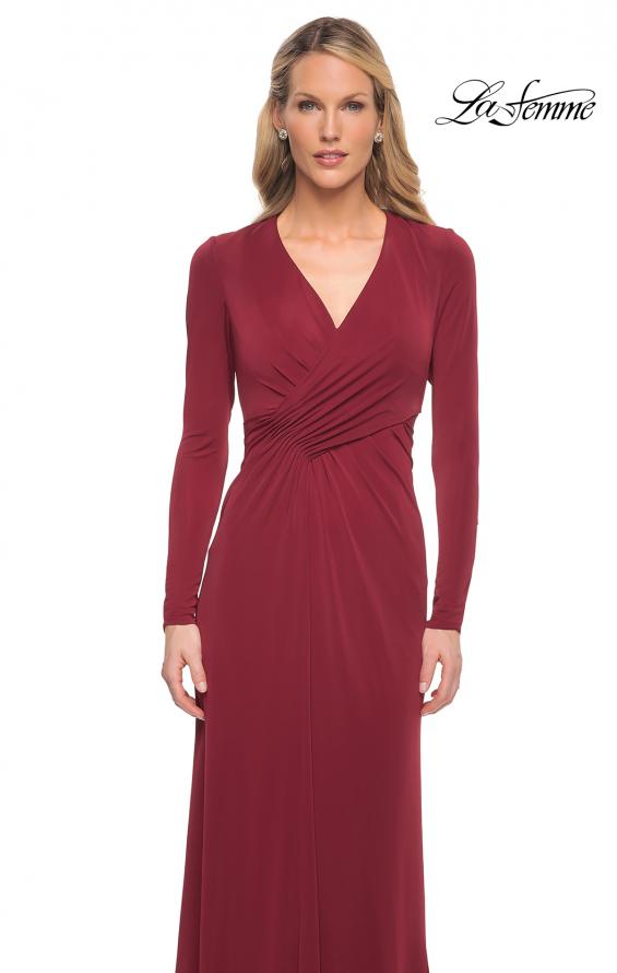 Picture of: Long Sleeve Jersey Dress with Criss-Criss Front Ruching in Wine, Detail Picture 1